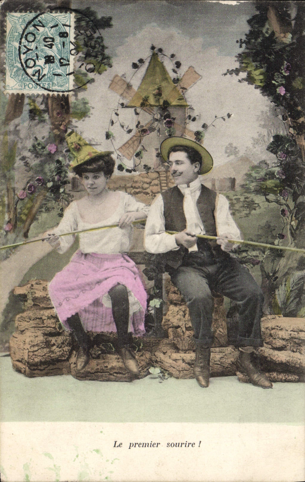 CPA Fantaisie Femme Le premier sourire Moulin a vent Peche Pecheur