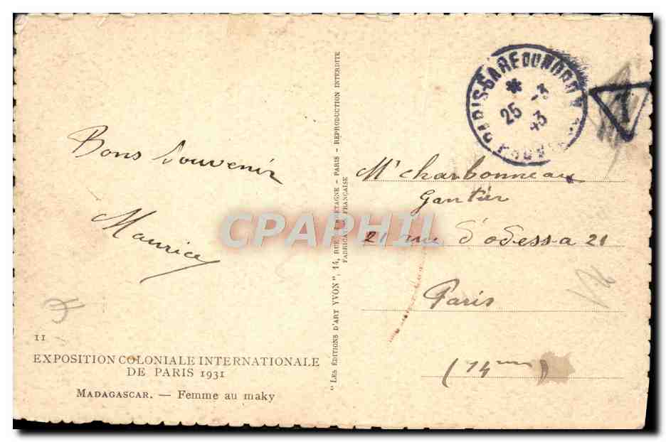 CPA Fantaisie Exposition Coloniale Internationale Paris 1931 Madagascar Femme au Maky singe  — Rückseite