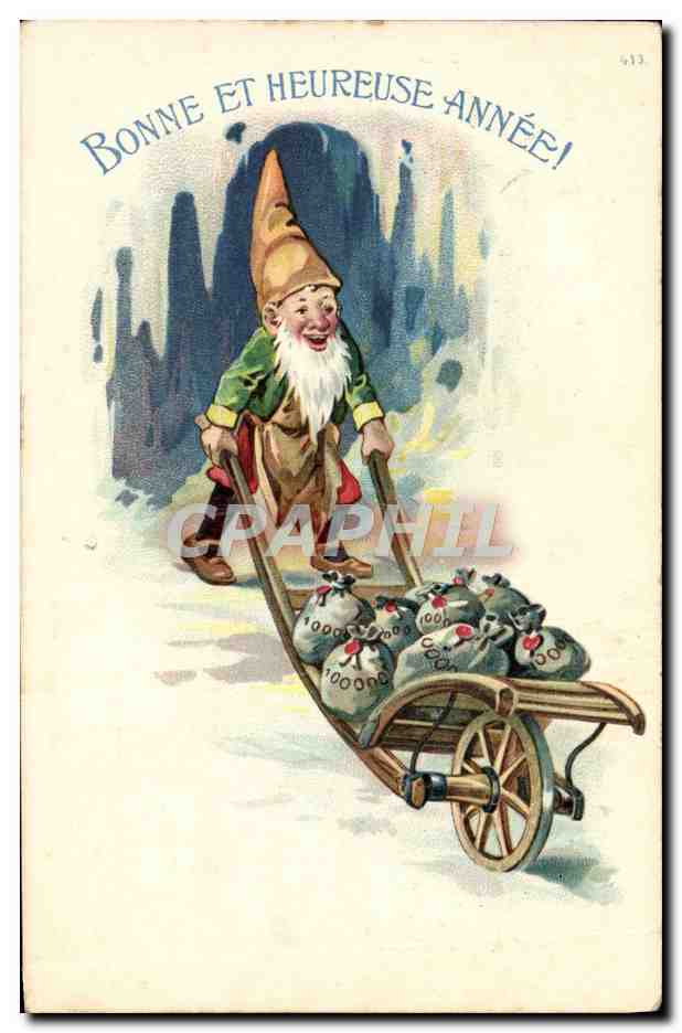 Gnome portant des sacs d'argent — Bonne et heureuse année! — n° 413