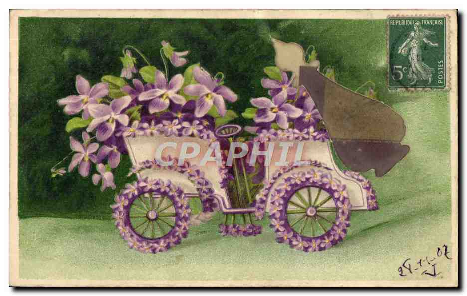 Véhicule décoré de violettes — Éditeur inconnu, n° de série non visible
