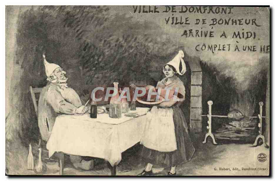 Stadt Domfront — Stadt des Glücks, Ankunft um Mittag, vollständig um eine Stunde — G. Hubert, Verlag, Domfront (Orne)