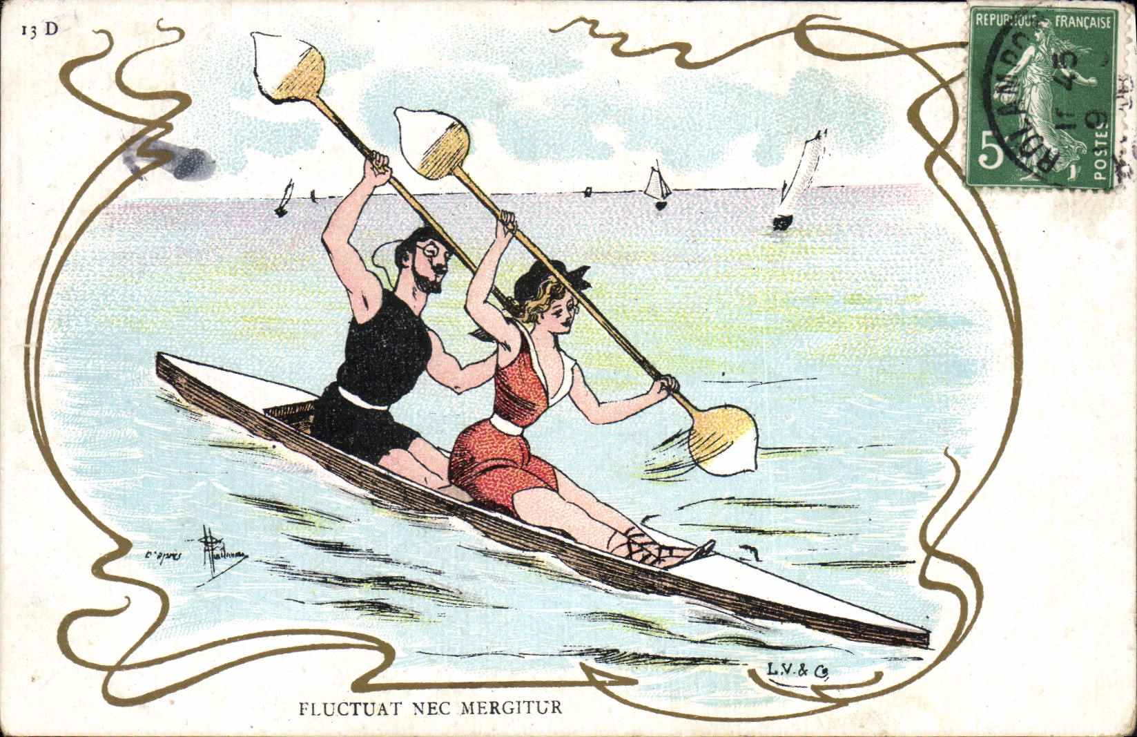 Deux personnes en canoë — illustration avec texte latin — éditeur LV & C