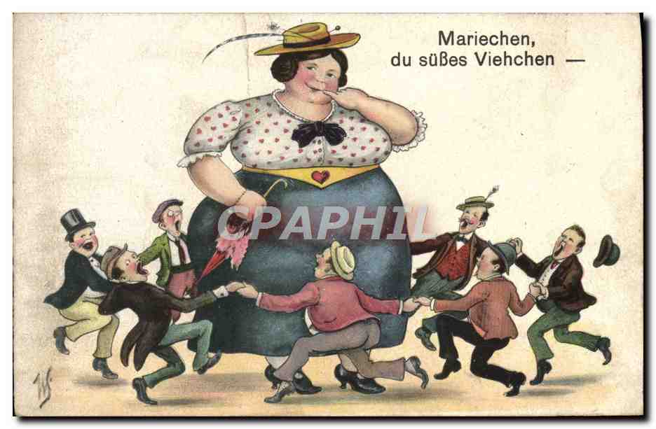 Mariechen, du süßes Viehchen — caricature de femme énorme entourée d'hommes en train de la pousser — éditeur HUPP, n° 486