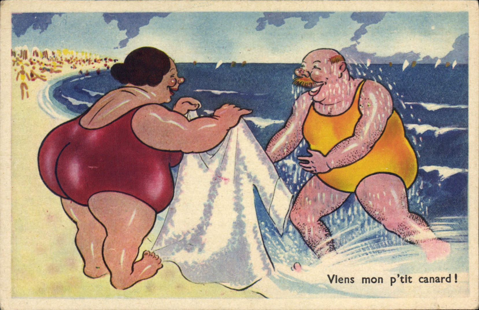 CPA Fantaisie plage Femme forte