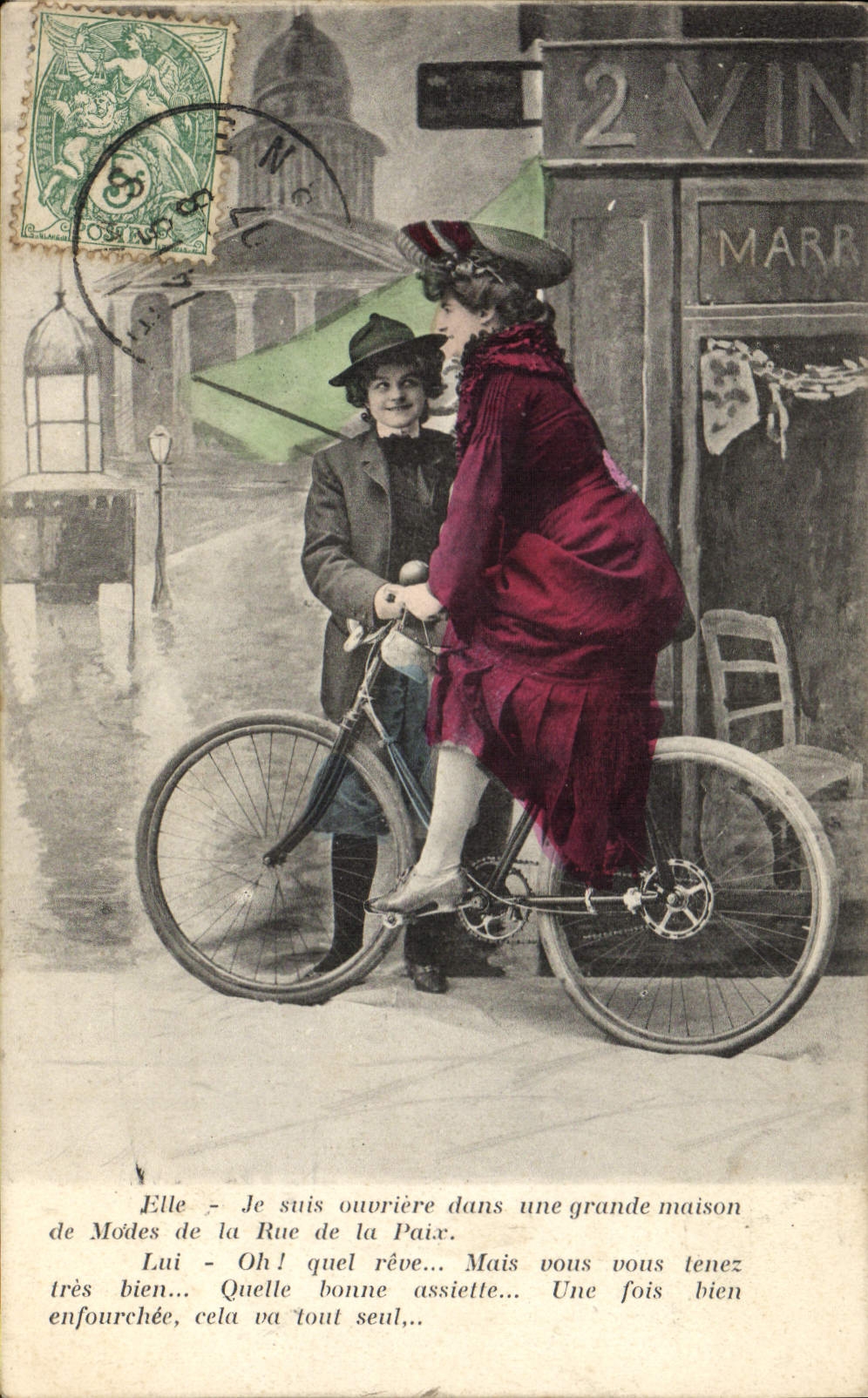 Femme sur vélo — scène de rue avec dialogue — éditeur non visible
