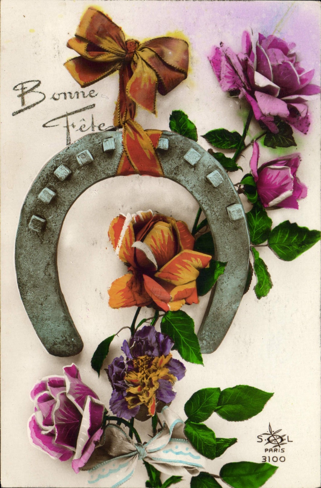 CPA Fantaisie Fleurs Fer a cheval