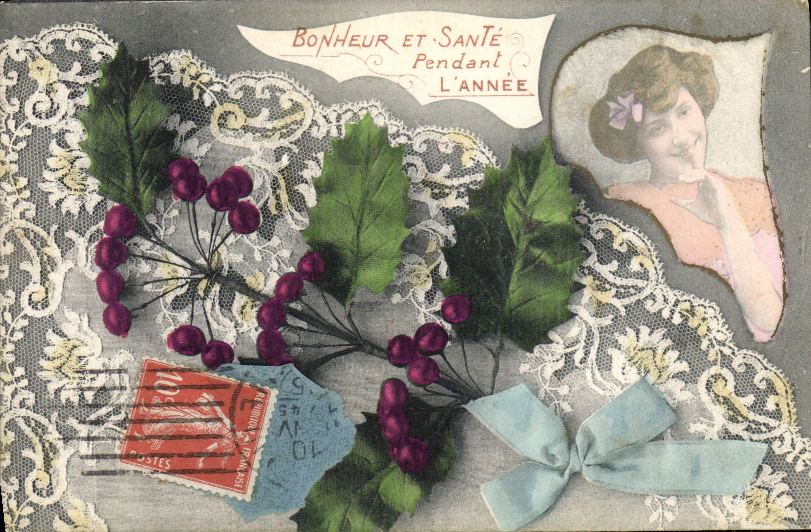 Fleurs de houx et jeune femme — Bonheur et Santé Pendant L'Année — Éditeur inconnu
