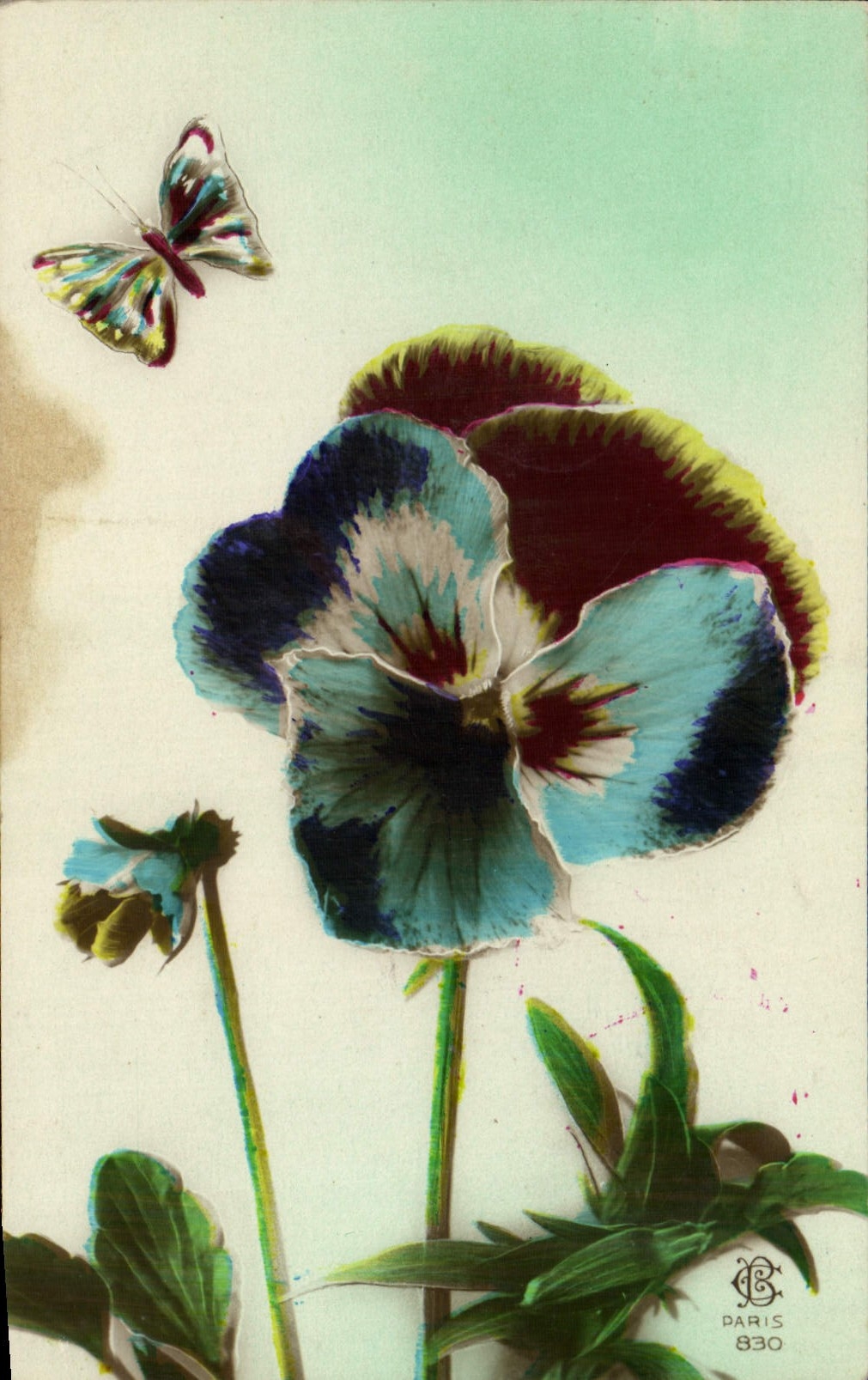 CPA Fantaisie Fleurs Papillon 