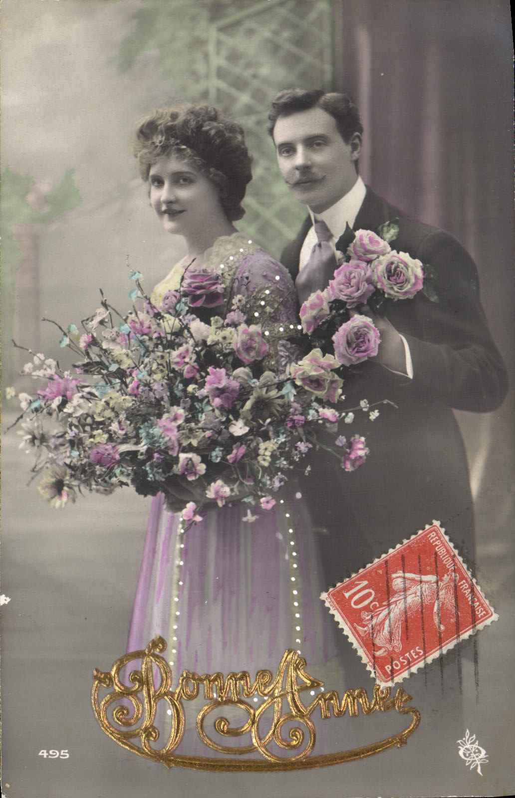 Couple en tenue de fête — Bonne Année — Éditeur Bonne Année, n° 495