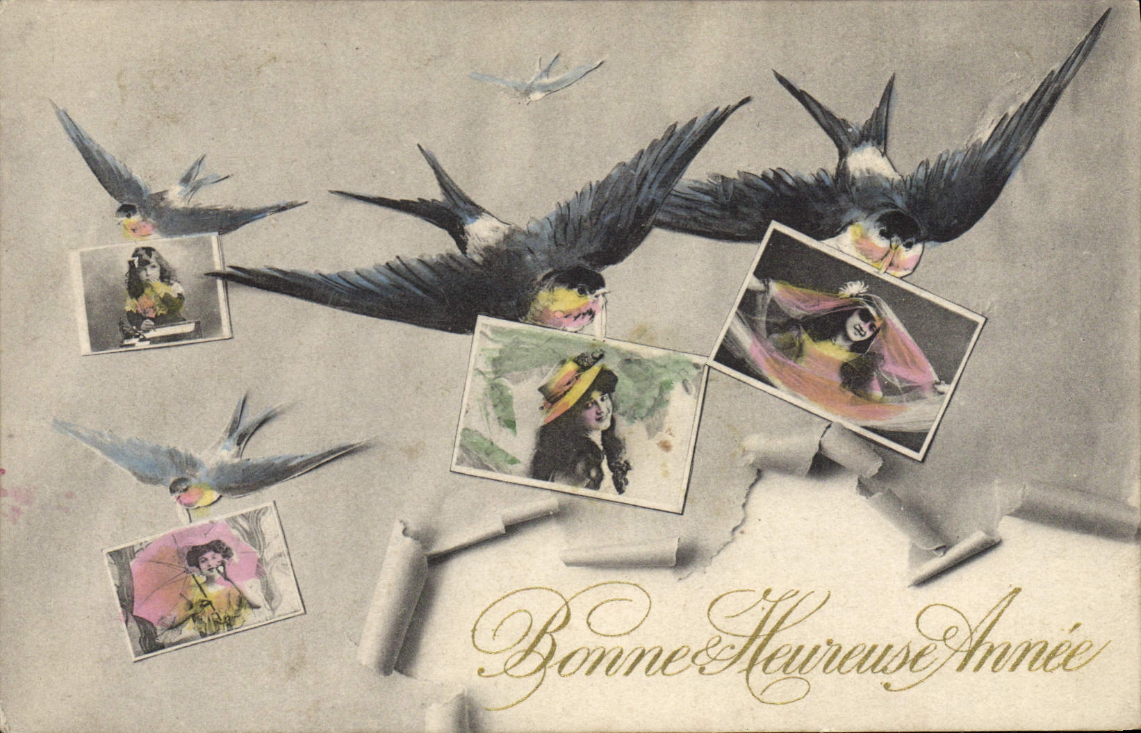 Oiseaux et portraits féminins — Bonne Année — Carte postale éditée par Carte Postale, n° 370