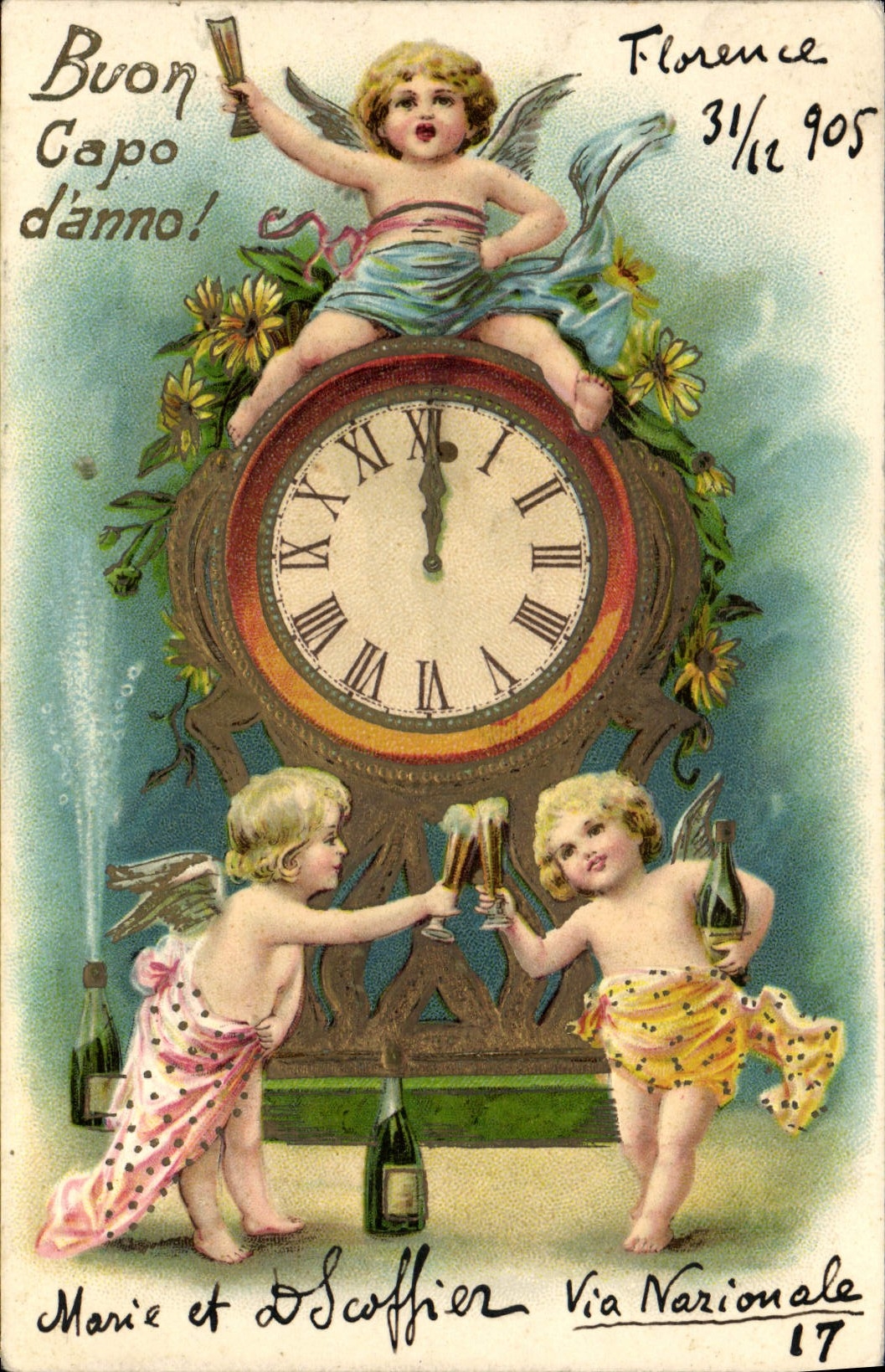 CPA Fantaisie Enfant Anges Horloge Champagne