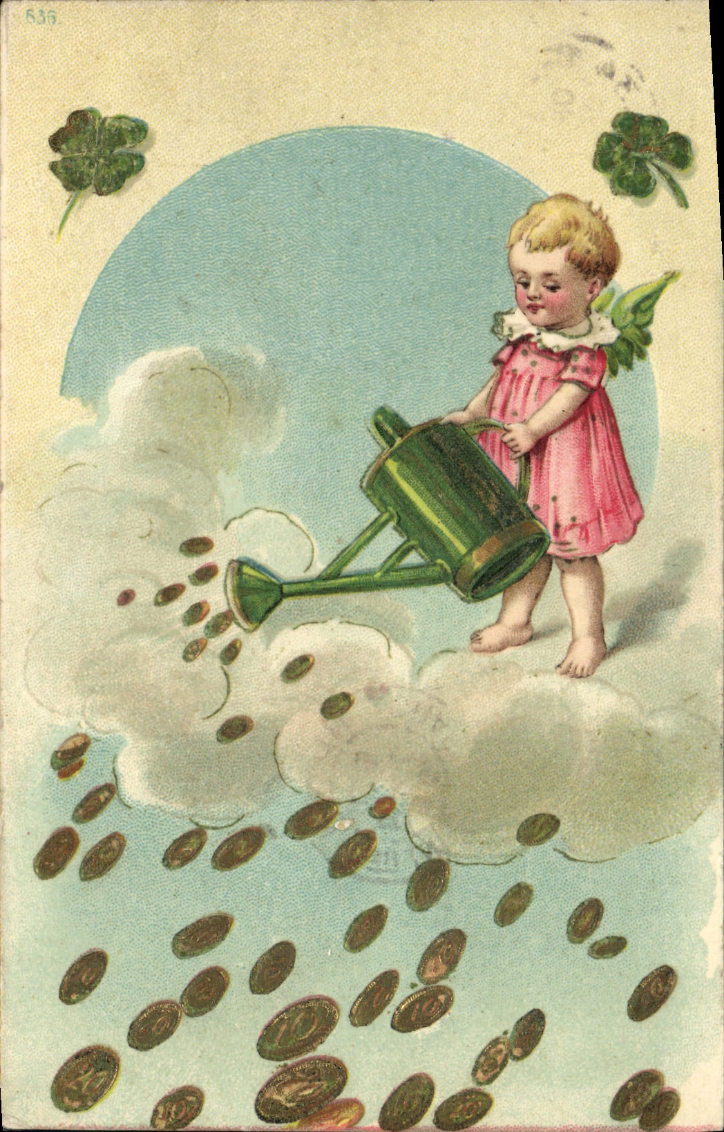 CPA Fantaisie Enfant Ange Arrosoir Pieces de monnaie Trefle