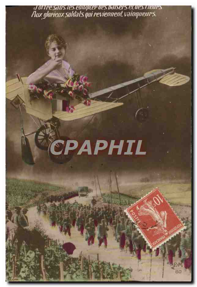 CPA Fantaisie Femme Avion Soldat Militaria