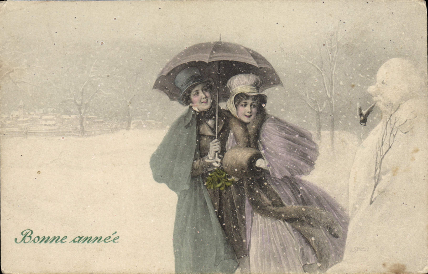 Deux personnes sous un parapluie enneigé — Bonne année — J. Tardé
