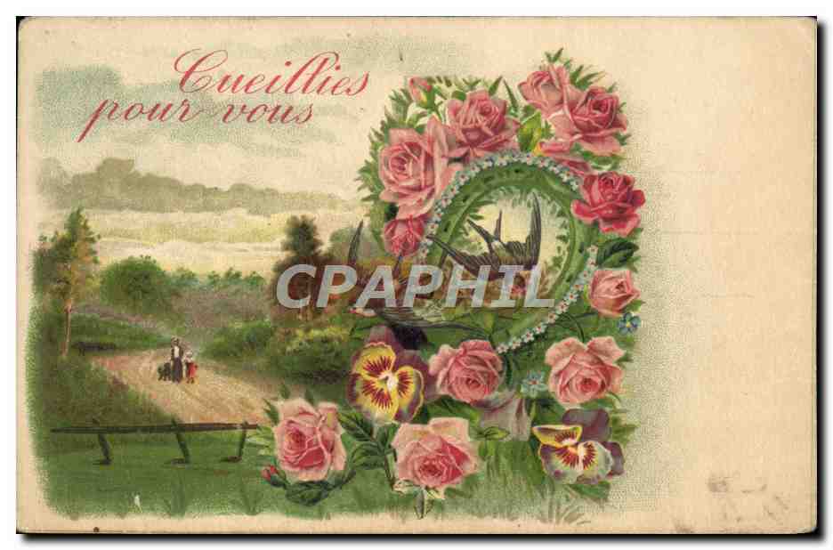 CPA Fantaisie Fleurs Hirondelle