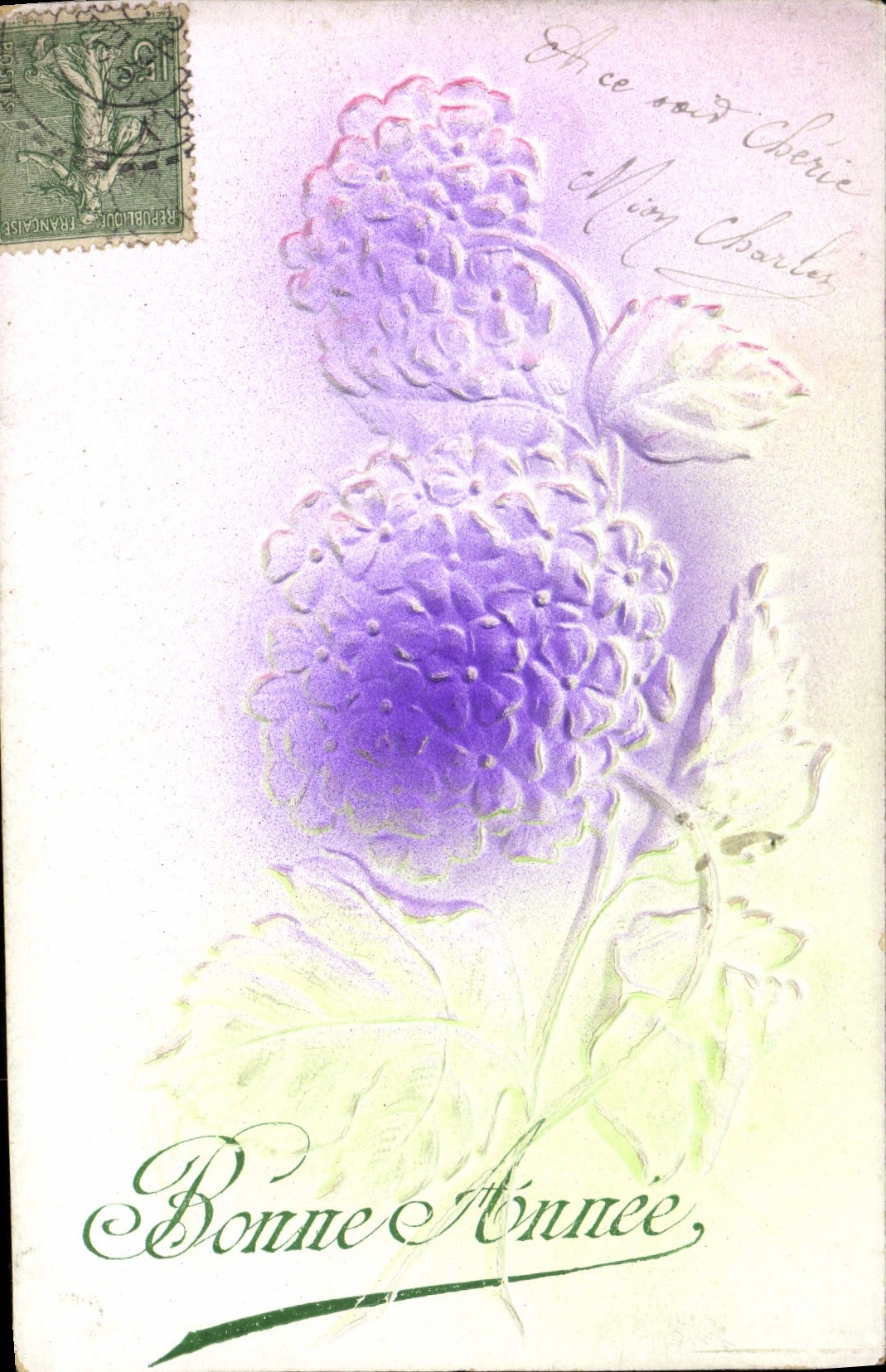 Fleurs violettes — Bonne Année — Éditeur non identifié, n° de série non visible