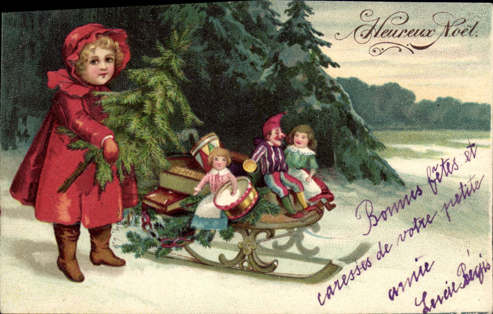 CPA Fantaisie Enfant Luge Poupee Noel 
