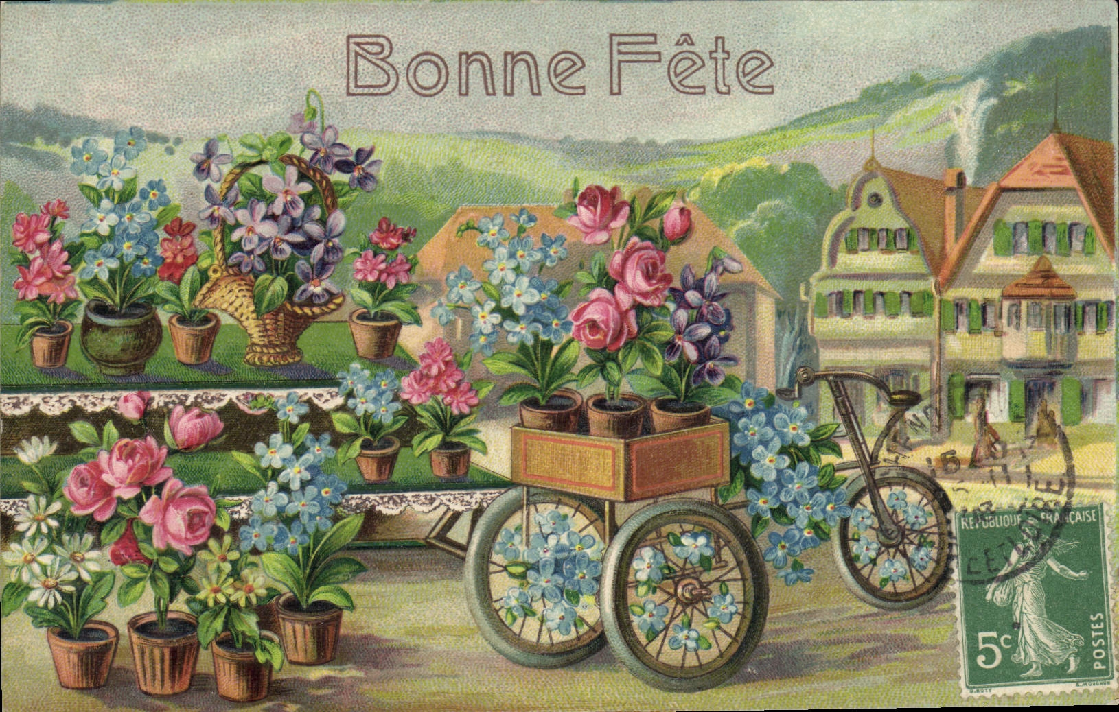 CPA Fantaisie Fleurs Velo Tricycle Cycle 