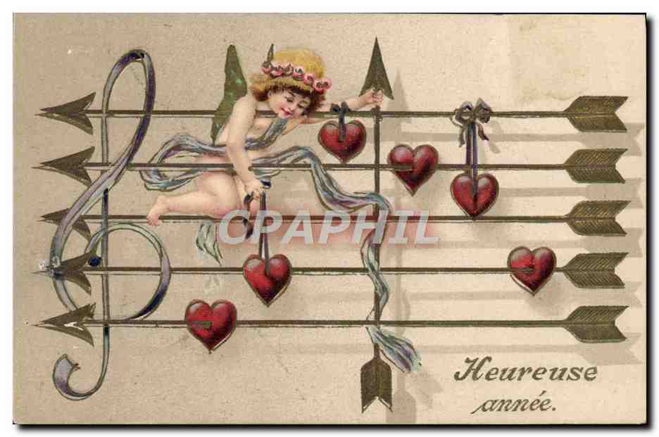 Cupidon sur portée musicale — cœur et flèches — texte 'Heureuse année.'