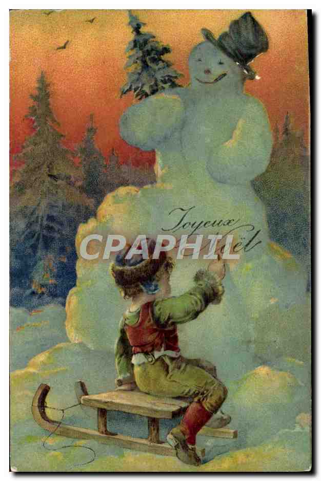 CPA Fantaisie Enfant Bonhomme de neige Luge
