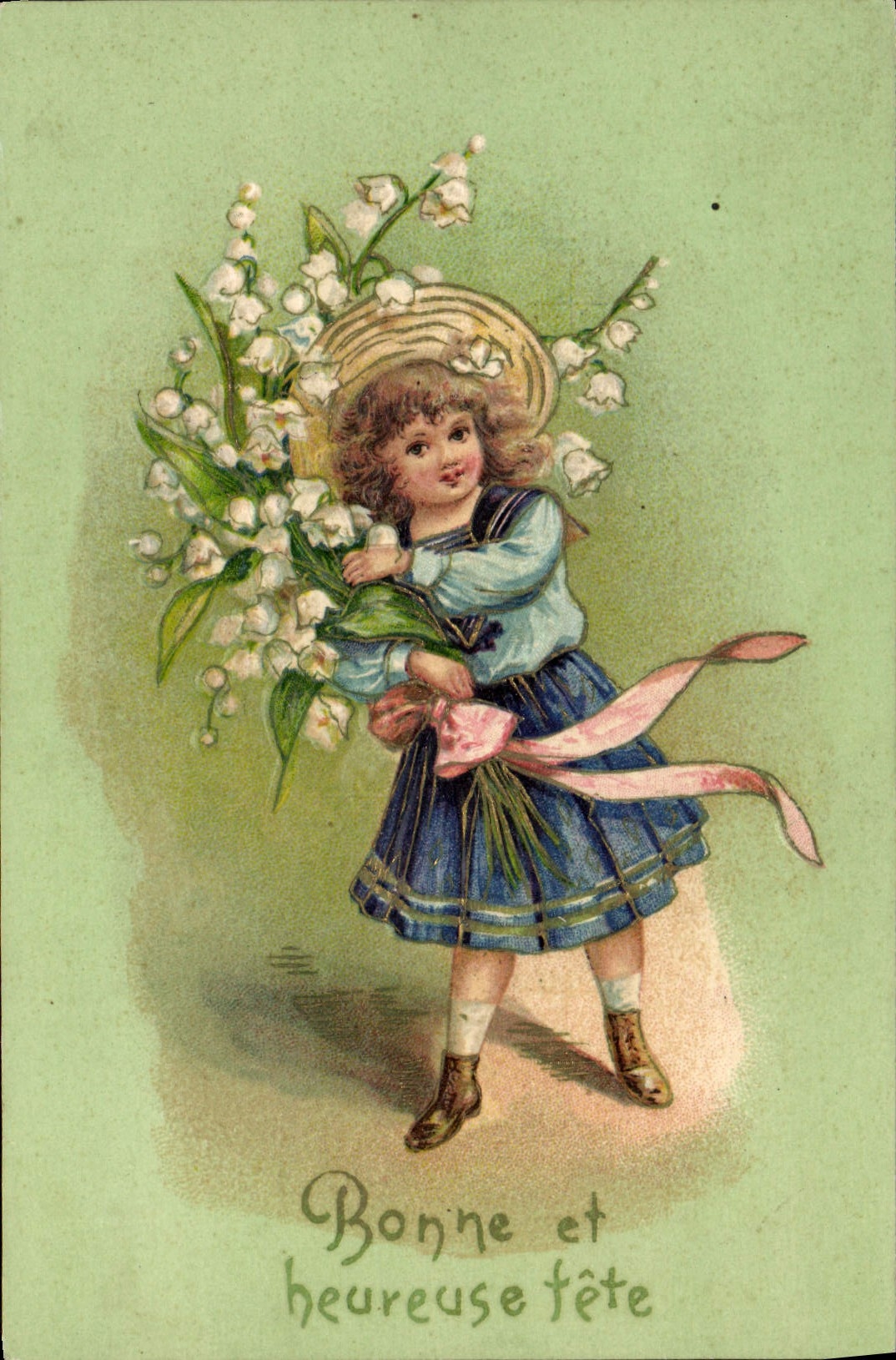 Fille avec bouquet de muguet — Bonne et heureuse fête — éditeur non visible