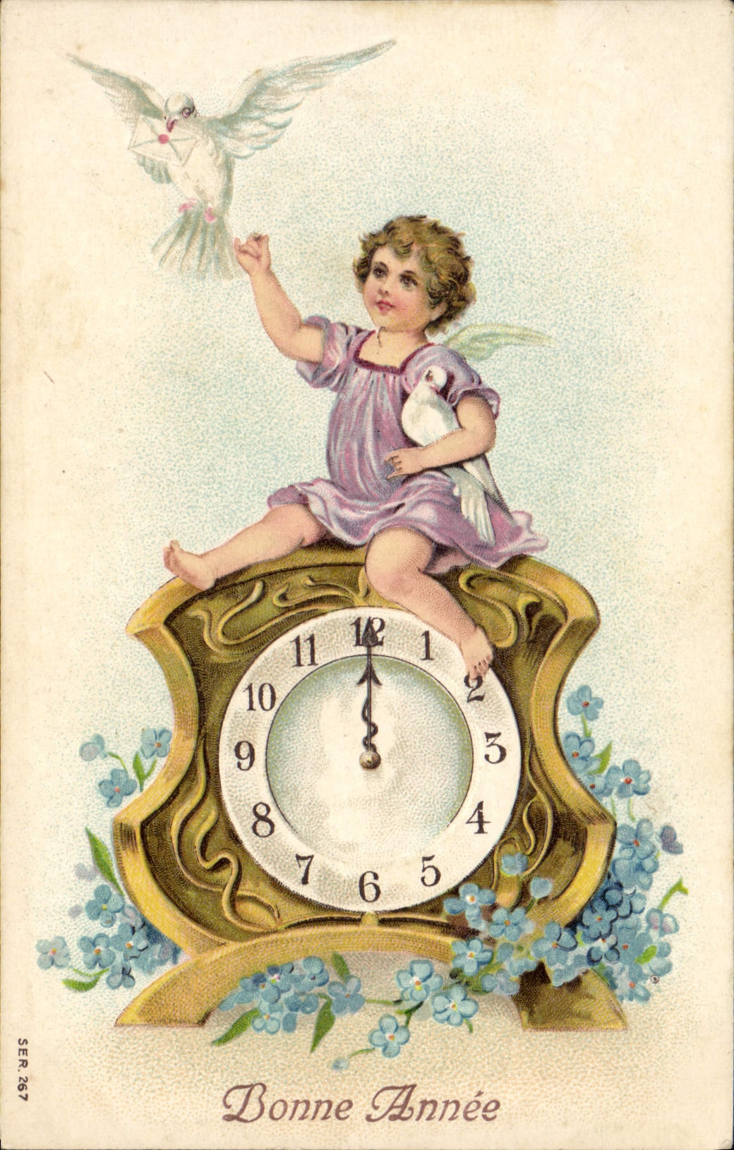 CPA Fantaisie Ange Horloge Colombe