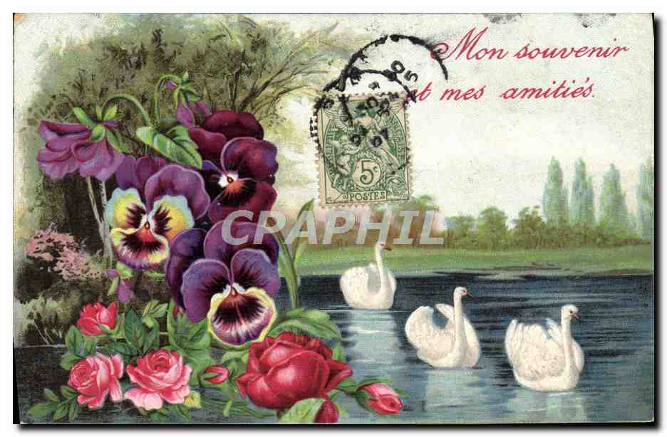 CPA Fantaisie Fleurs Cygnes