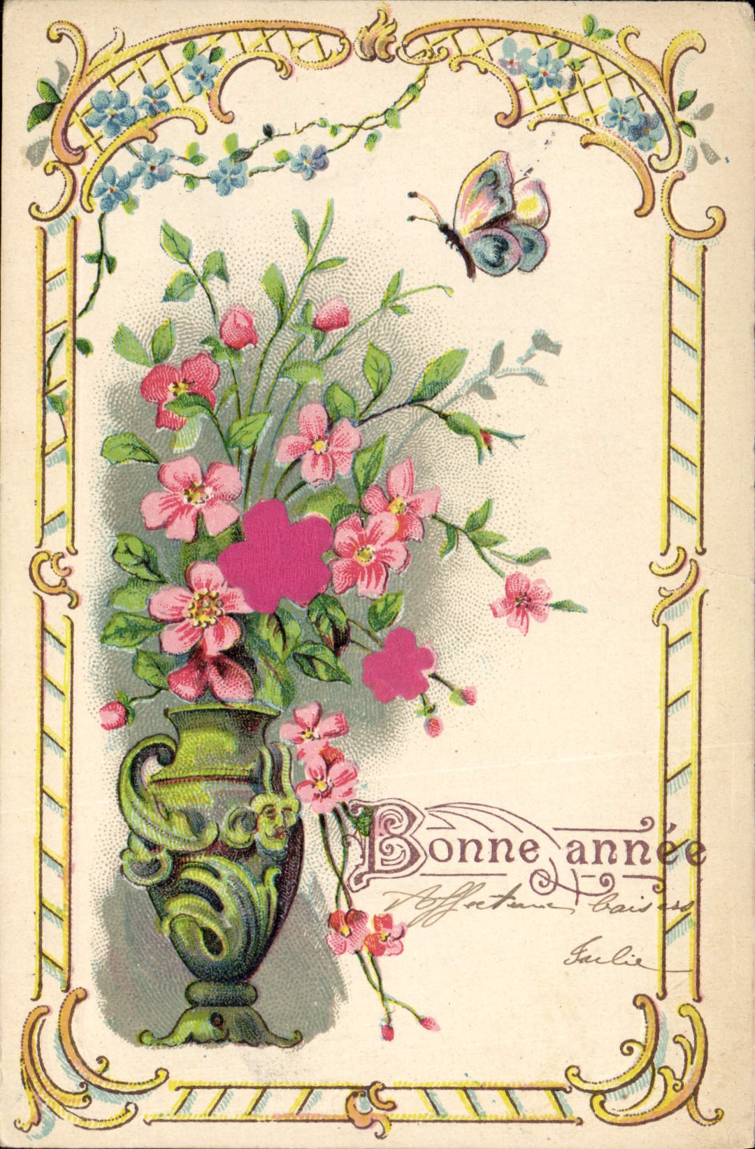 CPA Fantaisie Fleurs Papillon
