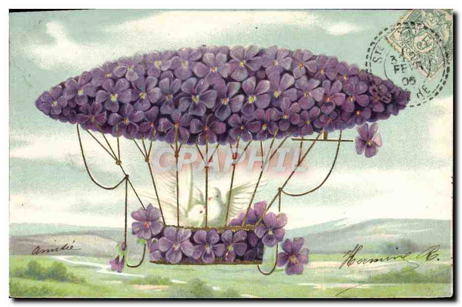 CPA Fantaisie Fleurs Zeppelin Dirigeable Colombes