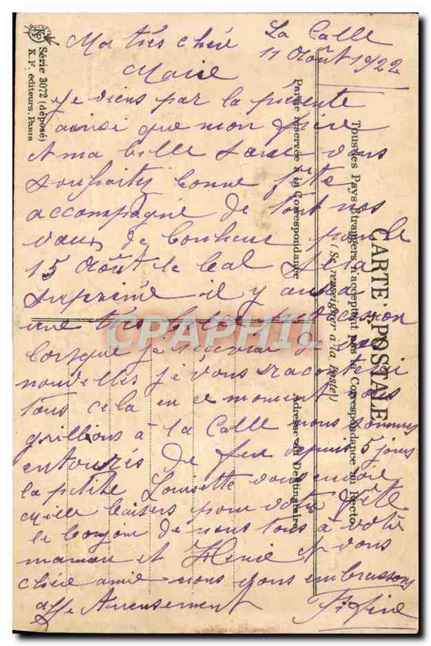 Vive la Ste Marie — Carte postale de vœux — Éditeur : T. P. (Paris) — N° 3072 — Verso