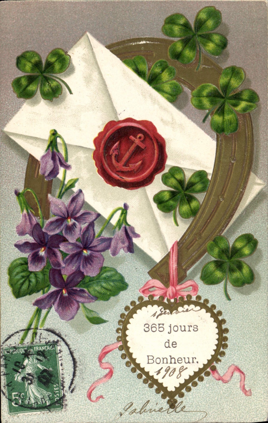 CPA Fantaisie Fleurs Fer a cheval Trefle
