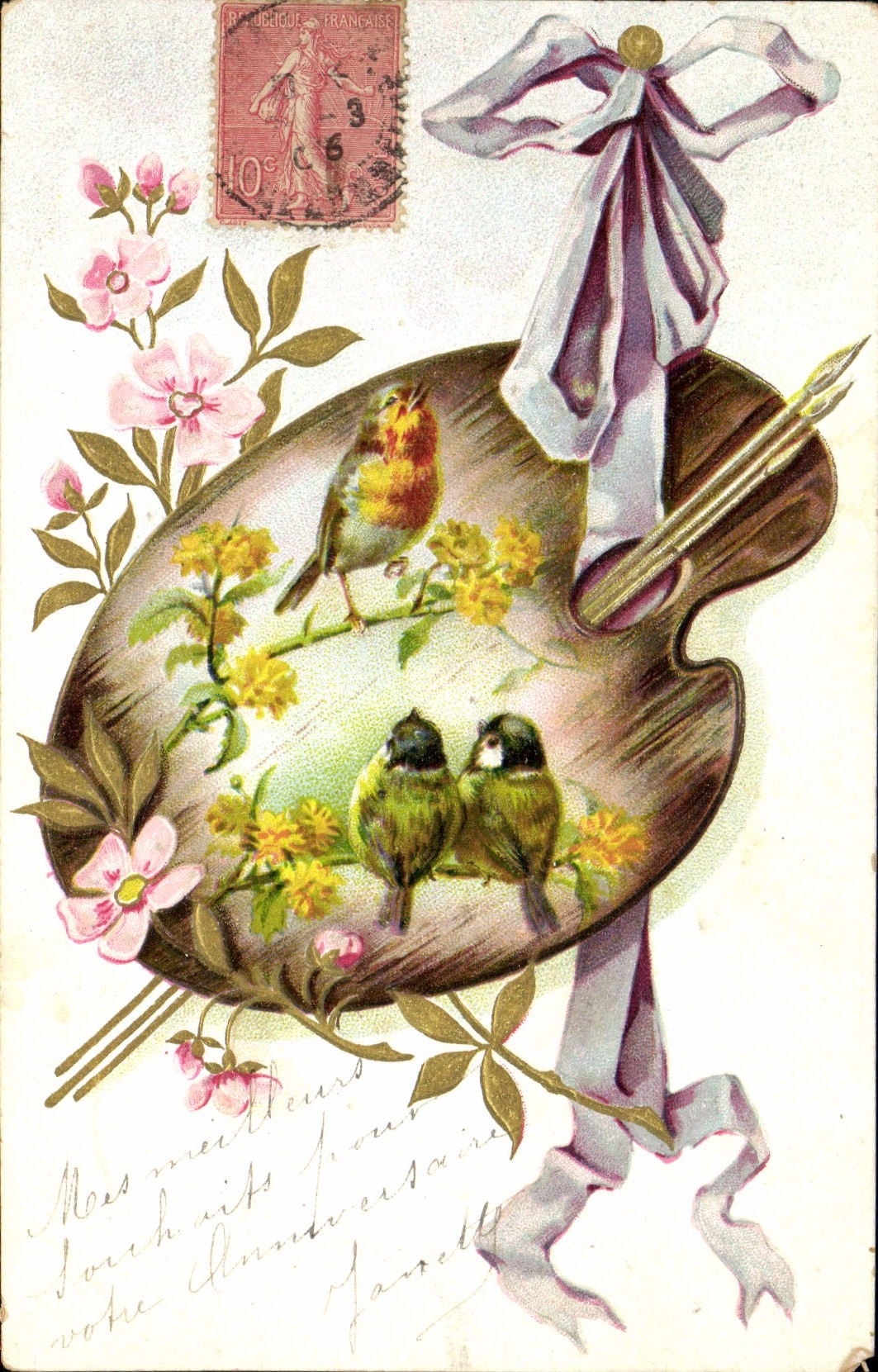 CPA Fantaisie Fleurs Oiseaux 
