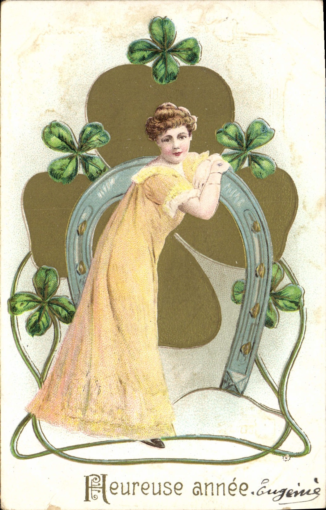 Femme dans un cadre de trèfles — 'Heureuse année' — Eugène