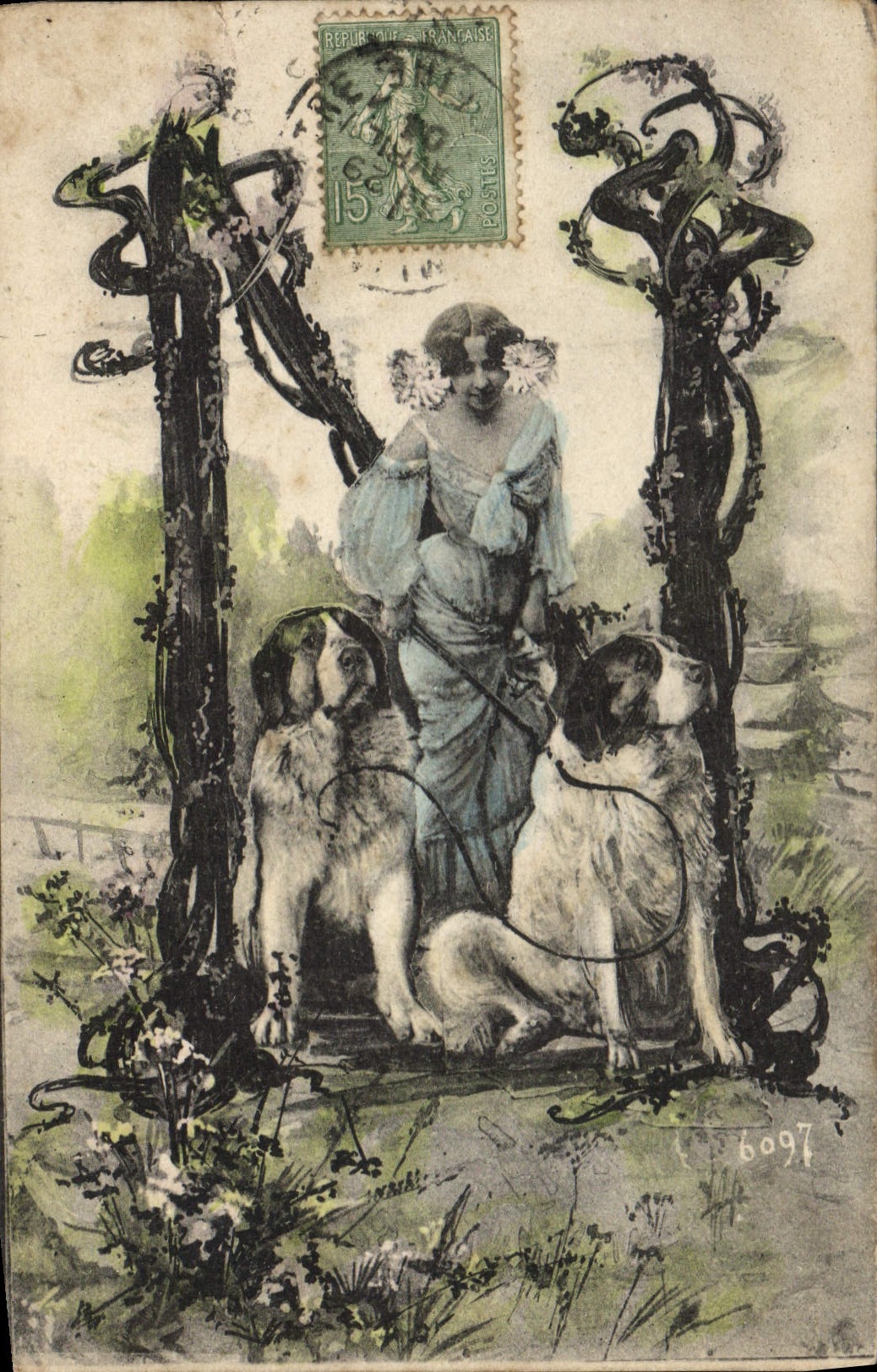 Frau mit zwei Hunden — Art Nouveau-Illustration — unbekannter Verlag, Seriennummer 6097