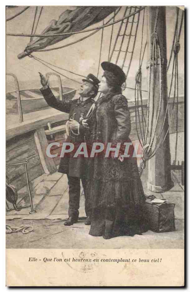 Two people on a ship admiring the sky — illustration — publisher not visible