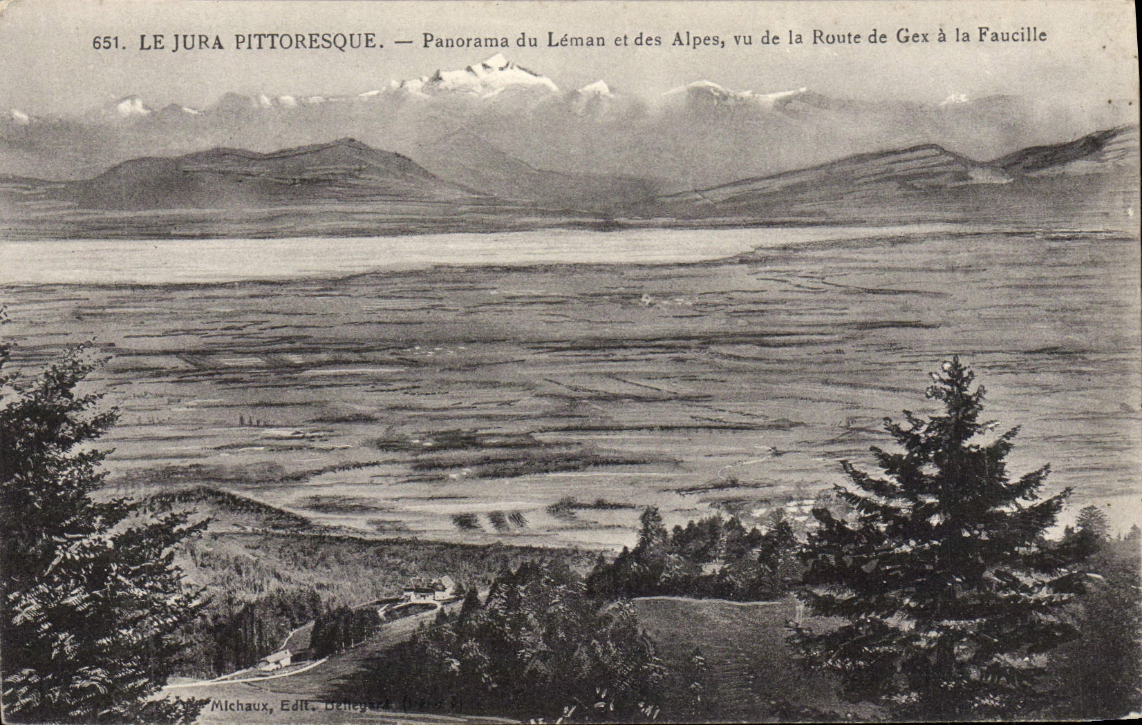 Le Jura Pittoresque — Panorama du Léman et des Alpes, vu de la Route de Gex à la Faucille — Michaux, Éd. Dihégez