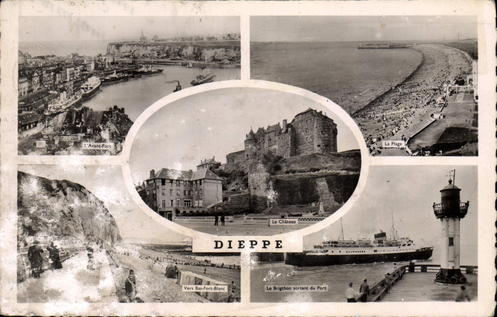Dieppe — Vue panoramique avec le château, la plage et le port — Éditions Caby