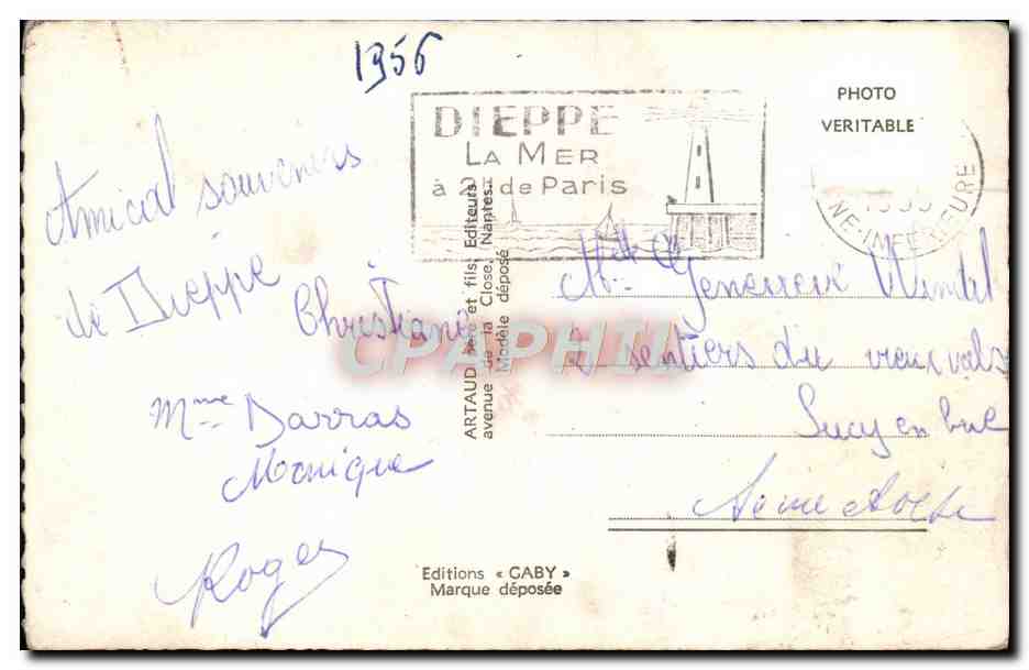 Dieppe — Vue panoramique avec le château, la plage et le port — Éditions Caby — Verso