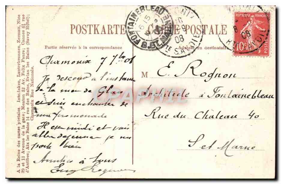 Chamonix — Le chapeau et la mer de glace — CPAPHIL — Verso