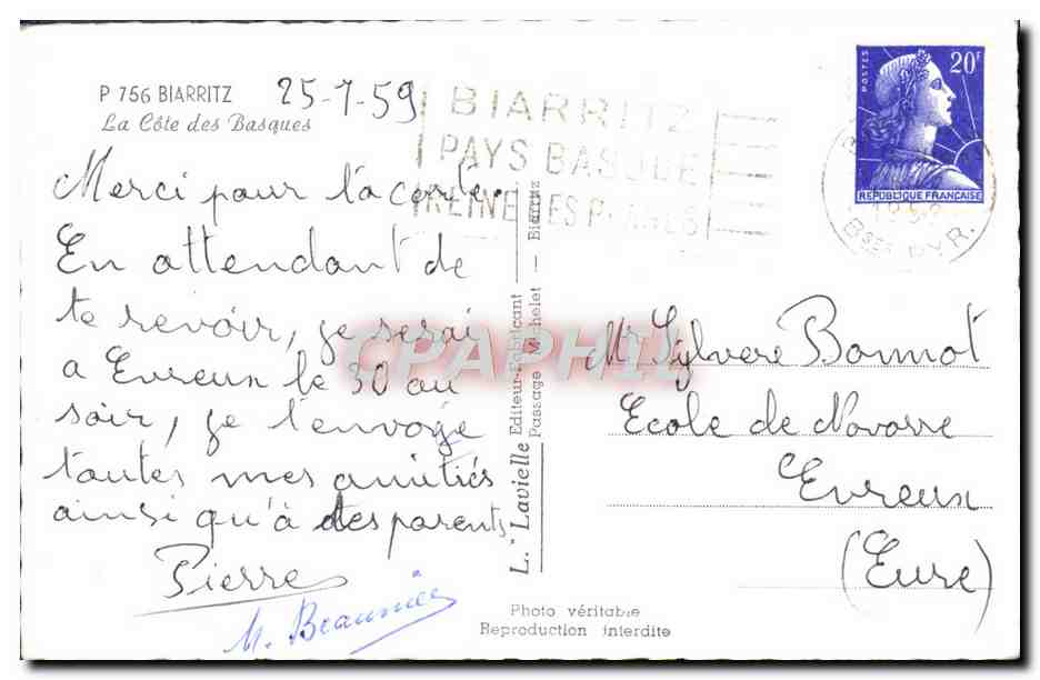 CPM Biarritz La Cote des Basques — Rückseite