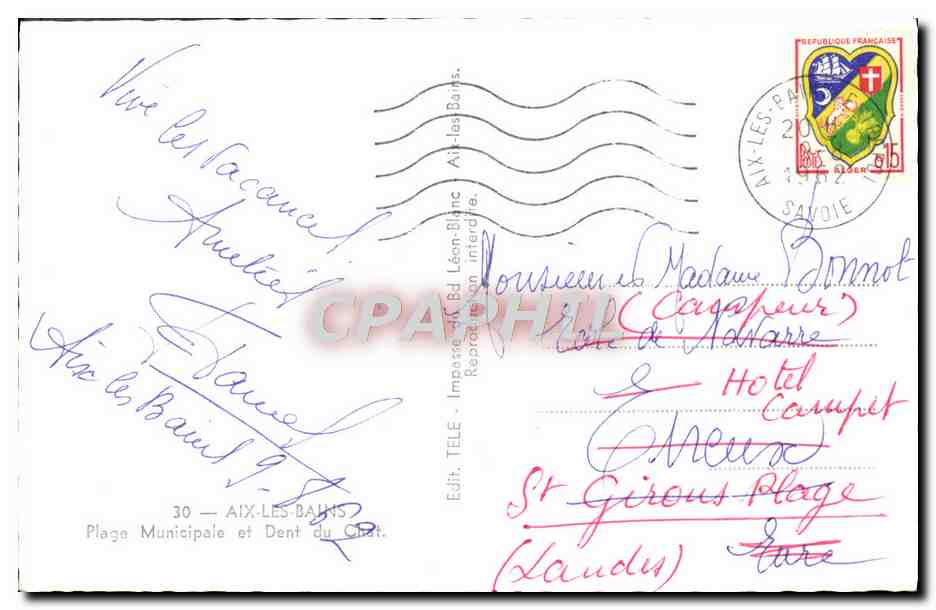 CPM Aix Les Bains Plage Municipale et Dent du Chat — Verso