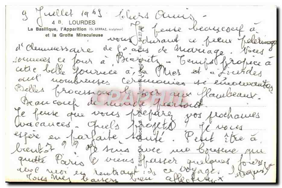 CPM Lourdes La Basilique I'Apparition — Verso