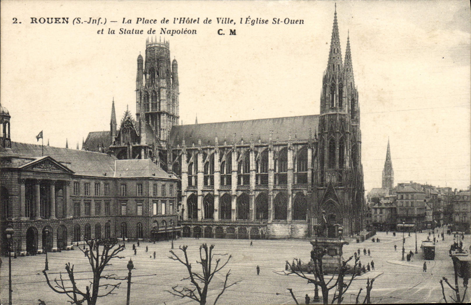 CPA Rouen La Place De I'Hotel De Ville I'Eglise St Ouen et la statue de Napoleon