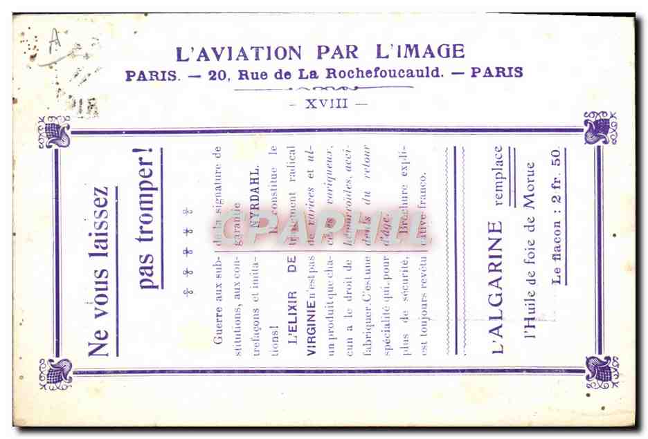 CPA Aviation Avion Algarine Avenement de l'aviation militaire lieutenant Fequant Capitaine Marconnet  — Verso