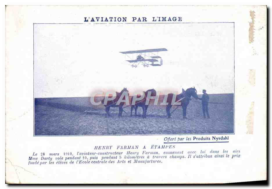 CPA Aviation Avion Henry Farman a Etampes Attelage Chevaux