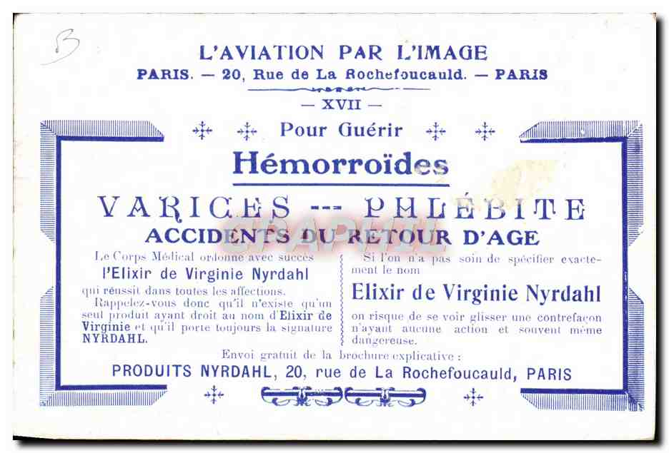 Delagrange à l'arrière de son monoplan Blériot — Offert par les Produits Nyrdahl — Verso