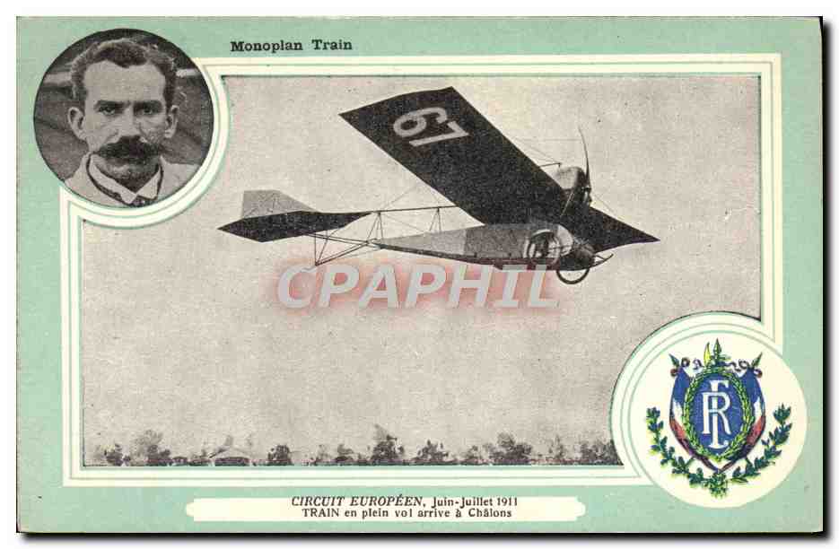 CPA Aviation Avion Monoplan Train Circuit europeen Juin Juillet 1911 Train en plein vol arrive a Chalons 