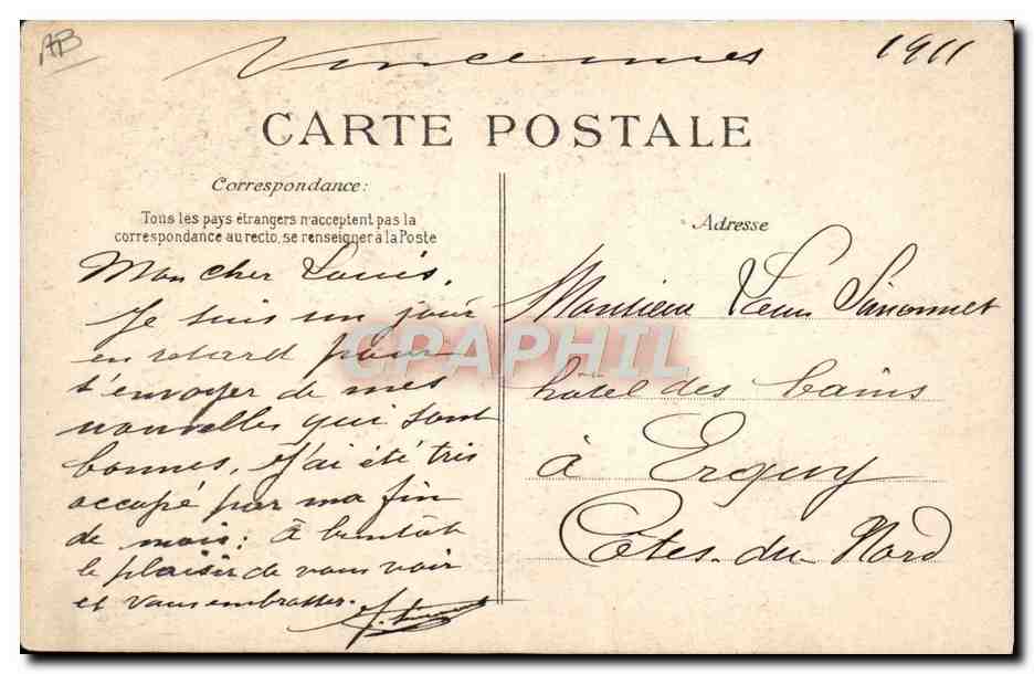 CPA Aviation Avion Circuit europeen Juin Juillet 1911 Barra sur biplan Farman Etape Paris Reims Liege — Rückseite