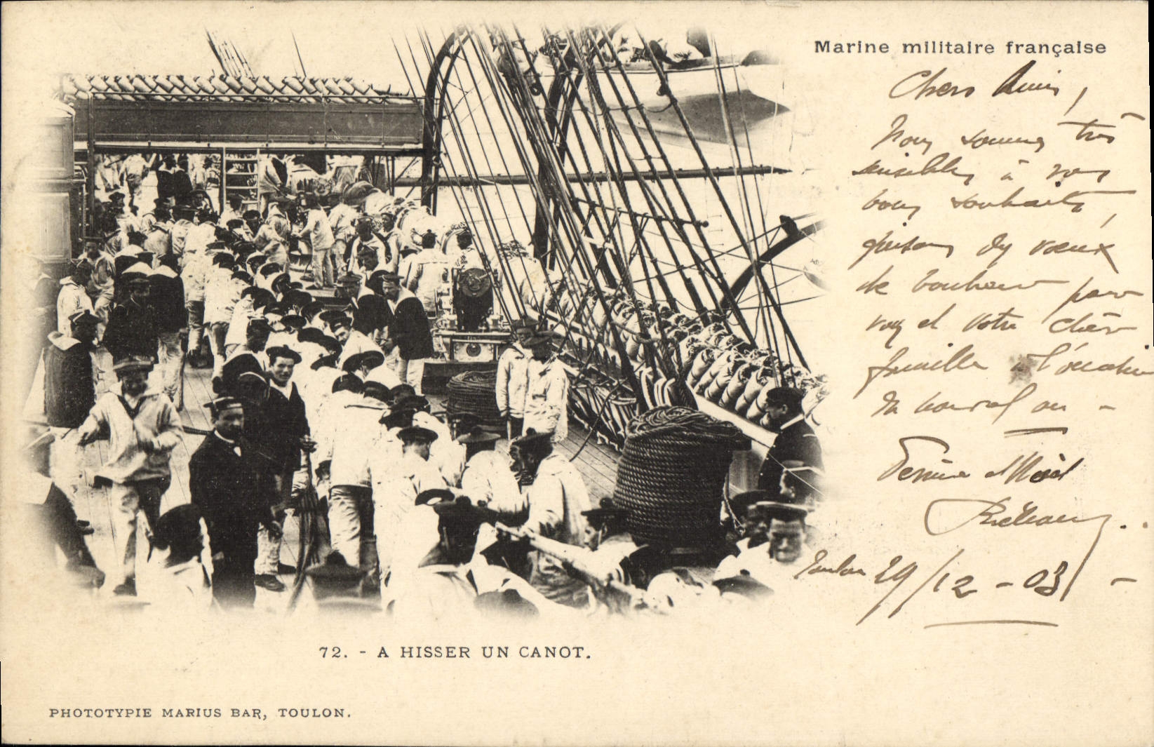 Marine militaire française — A hisser un canot — Phototypie Marius Bar, Toulon, n°72