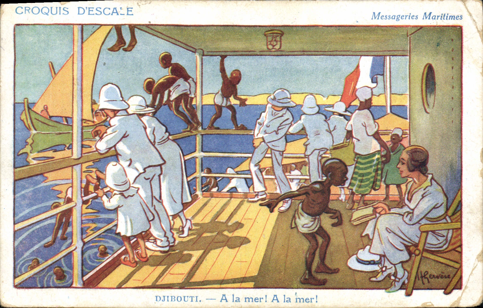 CPA Illustrateur Gervese Croquis d'escale Messageries maritimes Djibouti A la mer A la mer !